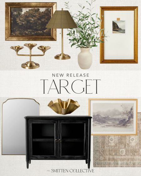 Target home new releases include small cabinet, wall art, area rug, mirror, gold bowl, faux greenery in vase, candelabra, table lamp, wall art.

Home decor, new Target home decor, studio McGee, winter home decor

#LTKfindsunder100 #LTKstyletip #LTKhome