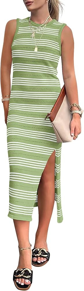 PRETTYGARDEN Womens Knit Side Slit Striped Long Tank Dress | Amazon (US)
