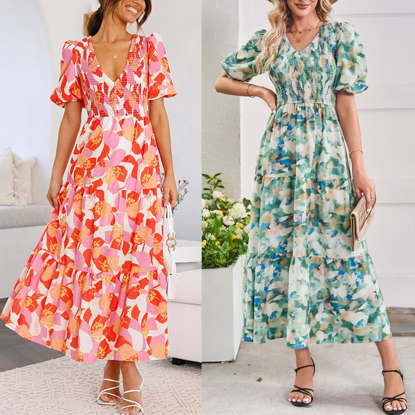 Sissyaki Women's Boho V Neck Smocked Bridesmaid Dress Semi Formal Wedding Guest Midi Dress | Amazon (US)