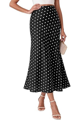 BTFBM Midi Skirts for Women 2026 Summer Spring Lightweight A Line High Waisted Wedding Guest Party Silk Long Skirt(Dot Black White, Medium) | Amazon (US)