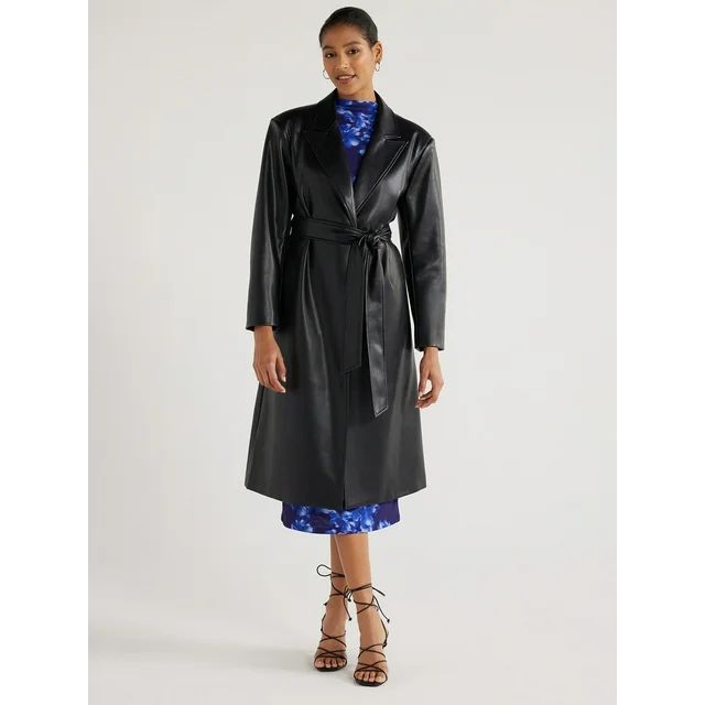 Scoop Women's Faux Leather Trench Coat with Padded Shoulders, Sizes, XS-XXL - Walmart.com | Walmart (US)