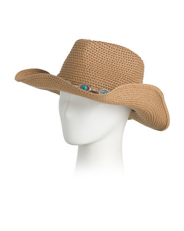 Paper Straw Cowboy Hat With Silver Tone Hardware And Faux Turquoise | TJ Maxx