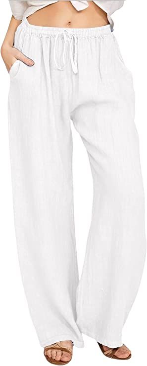 CHARTOU Women's Summer Drawstring Waist Wide Leg Loose Cotton Linen Palazzo Pants | Amazon (US)