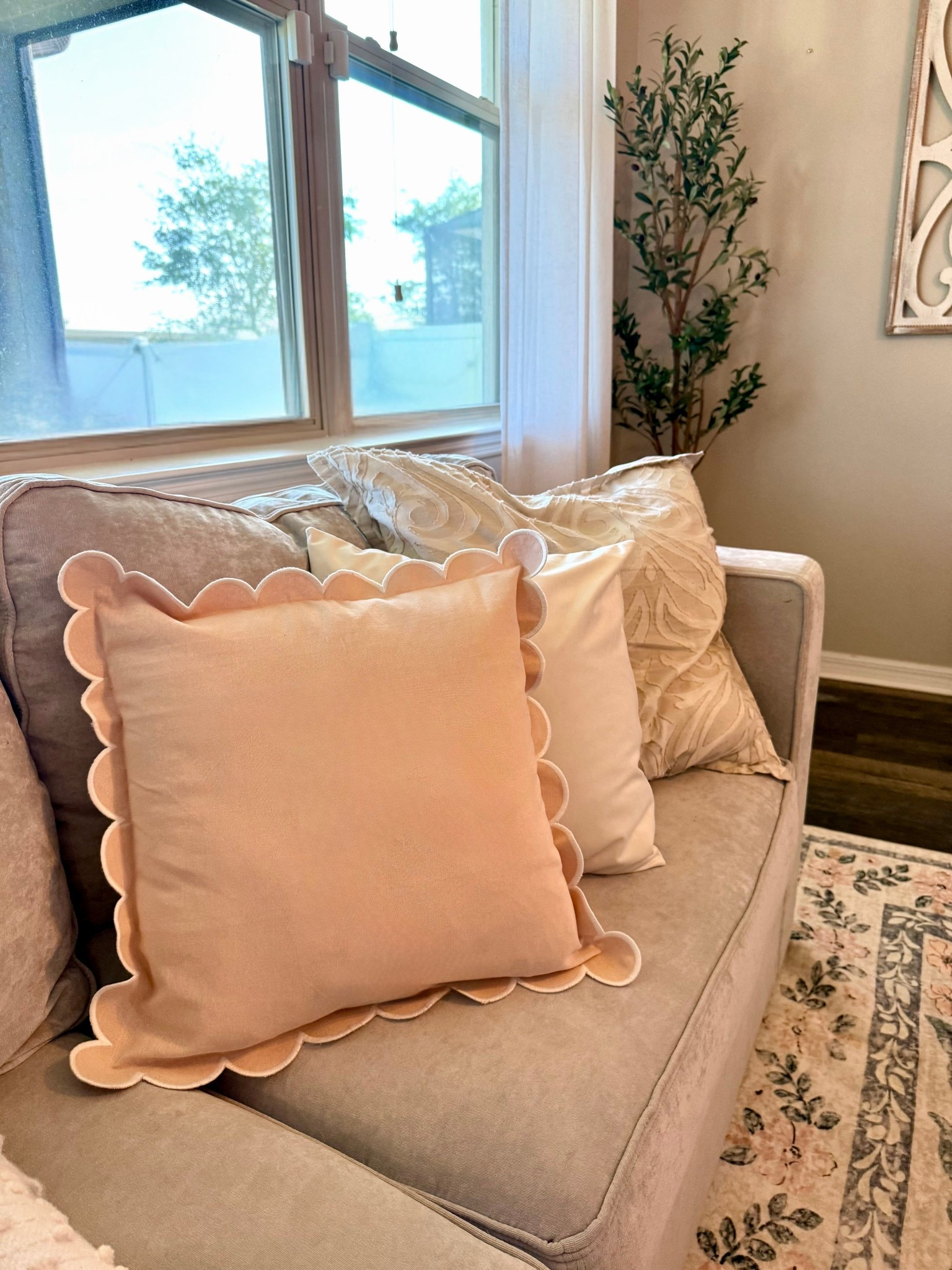 Spring decor. Grand millennial. Scalloped. Throw pillows. Pink. Blush. Pink accent. Neutral living room. Couch. Lovesac. Grandmillennial decor. Modern farmhouse. Preppy. 

#LTKHome