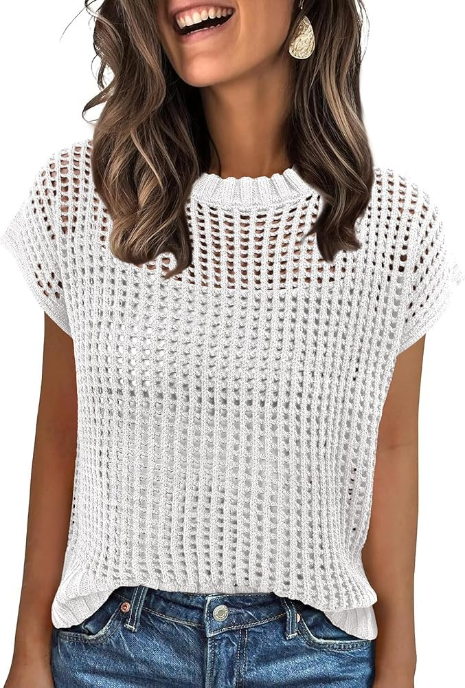 ANRABESS Womens Summer Crochet Sweater Tops Casual Cap Short Sleeve Hollow Out Mesh Knit Beach Co... | Amazon (US)