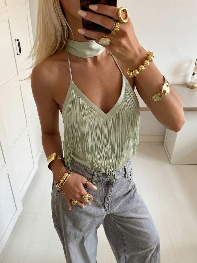 Firerie Women's Elegant Minimalist Chic Romantic Fashion Commuter Urban Boho Music Festival Party Wedding Guest Date V-Neck Tassel Tie Back Sleeveless Camisole Top In Light Green | SHEIN