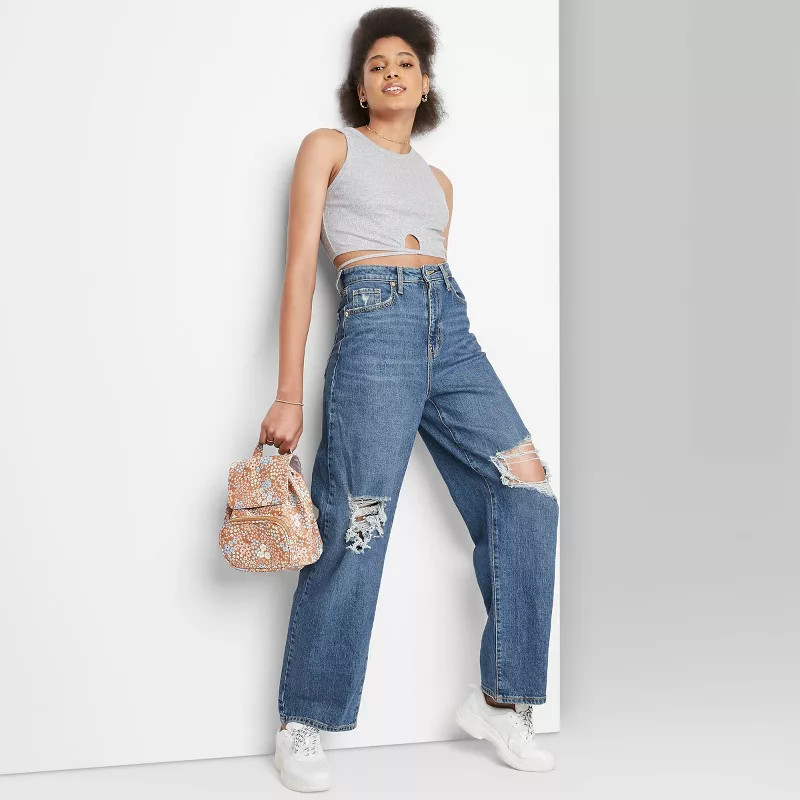 Women's Super-High Rise Distressed Baggy Jeans - Wild Fable™ Medium Blue | Target