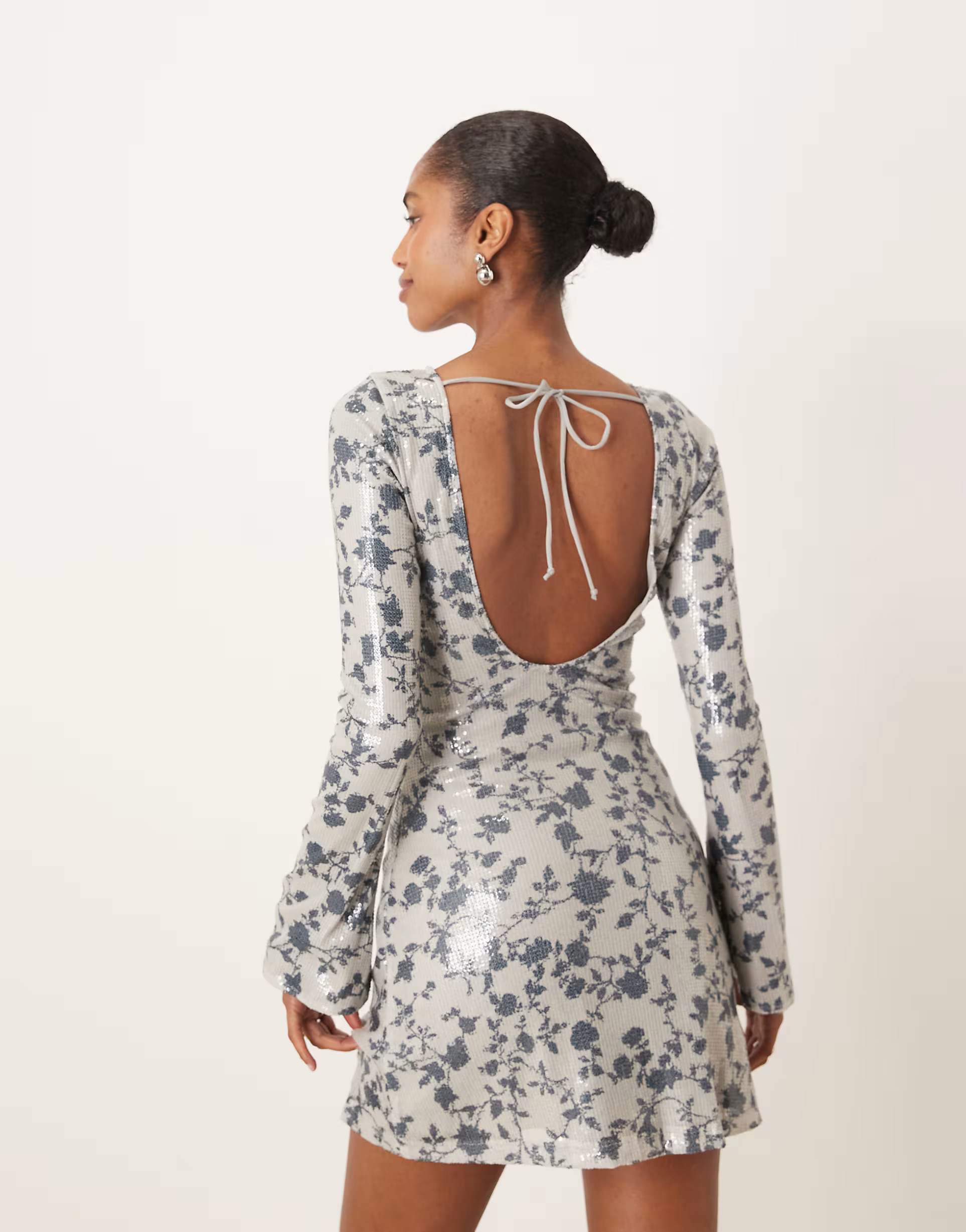 Motel kimberley long sleeve mini dress in sequin flower grey | ASOS | ASOS (Global)
