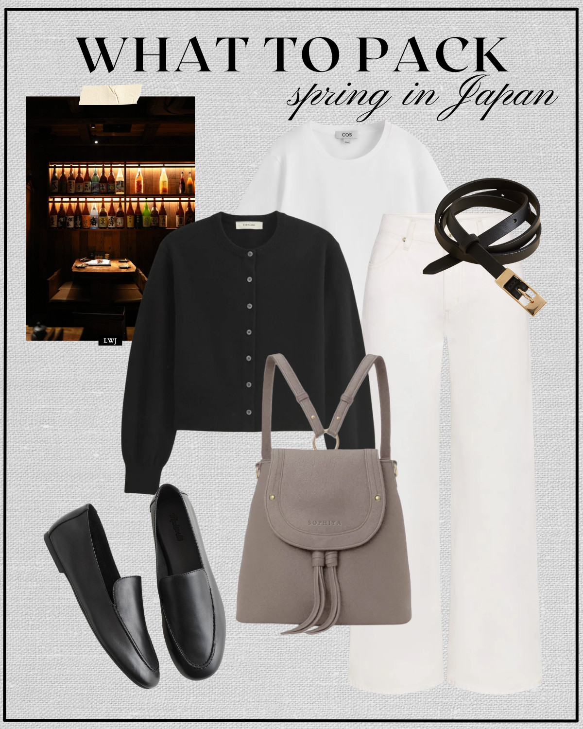 spring outfit inspo for japan

black cropped cardigan / tee / white wide leg jeans / minimal loafers / classy style / drinks with friends / sophiya backpack 

 

#LTKTravel