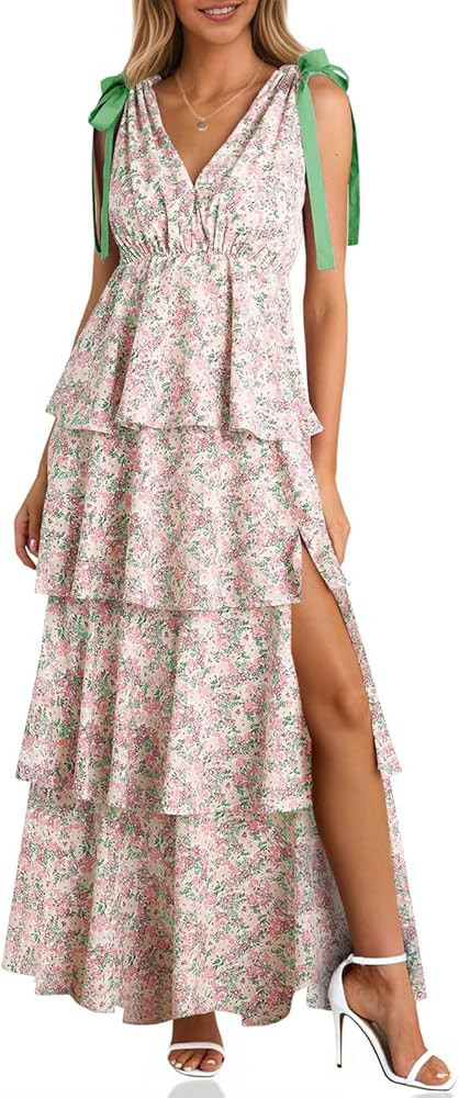 Wenrine Womens Summer Floral Maxi Dress Tie Strap Sleeveless V Neck High Slit Boho Ruffle Tiered ... | Amazon (US)