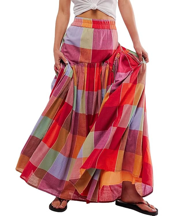Women's Multicolour Plaid Print Ruched High Waist Casual Maxi Skirt | Amazon (US)