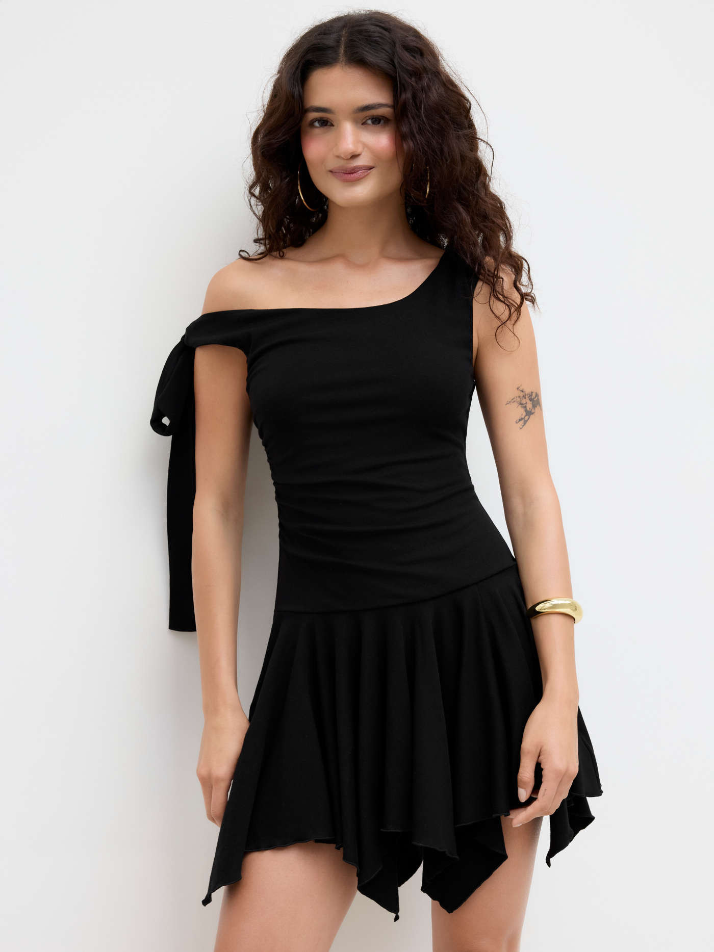 Cotton-blend Asymmetrical Neck Knotted Ruched Mini Dress | Cider