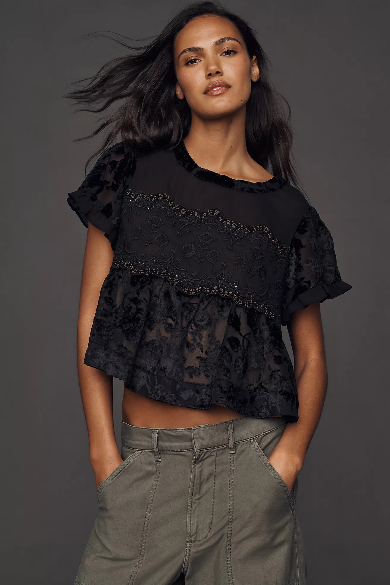 By Anthropologie Short-Sleeve Velvet Burnout Swing Top | Anthropologie (US)