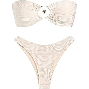 ZAFUL Womens Bandeau Bikini Set Metallic Sparkly O Ring Lace Up Tie Side High Cut Tanga Sexy Bath... | Amazon (US)