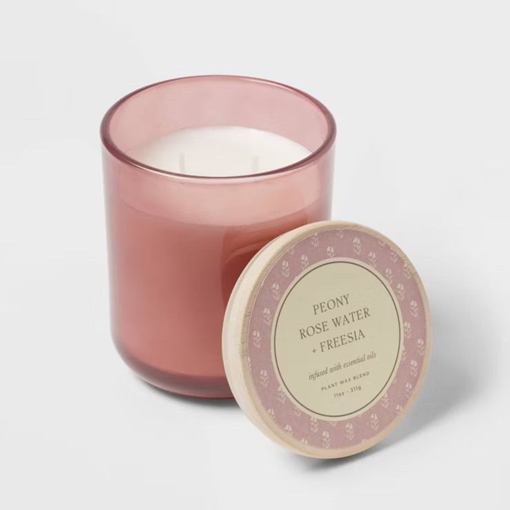 11oz Large Round Bottom Glass with Lid Peony Candle Rose Water & Freesia Pink - Threshold™ | Target