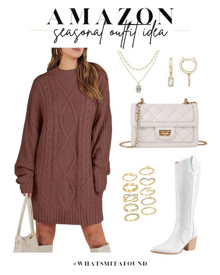 Amazon outfit idea, casual outfit idea, seasonal outfit idea, winter outfit idea, cable knit sweater dress, oversized sweater dress, trendy sweater dress, affordable sweater dress, western boots, white boots, trendy boots, white purse, quilted purse, crossbody purse, ring set, gold rings, layered necklaces, huggie hoops 

#LTKitbag #LTKshoecrush #LTKfindsunder50