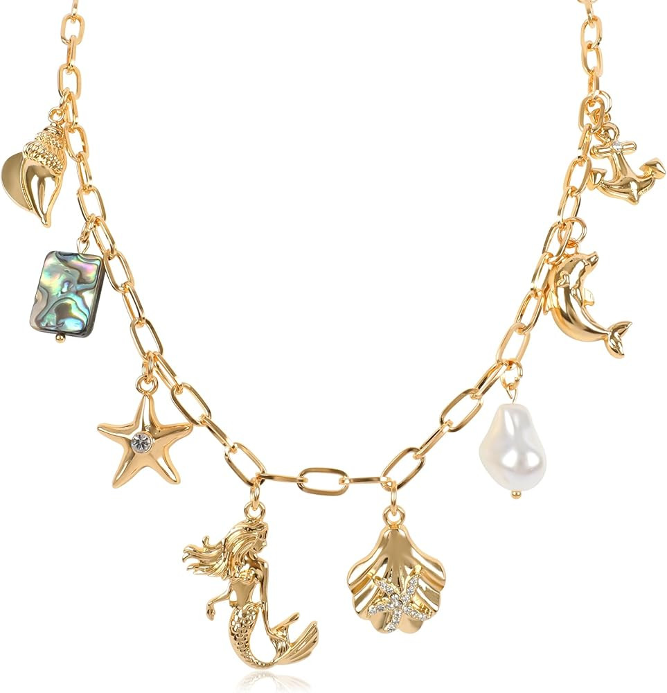 Gold Ocean Charm Necklace for Women Hawaii Chain Necklace with Cute Dangle Mermaid Shell Pearl St... | Amazon (US)