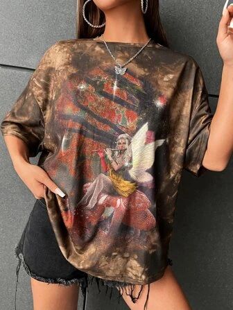 ROMWE PUNK Grunge Figure Graphic Tie Dye Drop Shoulder Tee | SHEIN