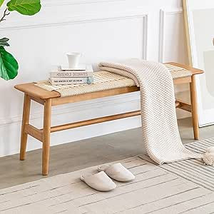 LUE BONA Entryway Bench, Wood Bench for Bedroom, 47 inch Bench with Woven, Hand-Woven Technology ... | Amazon (US)