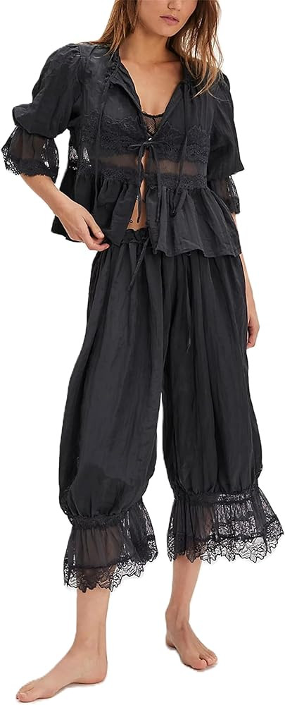 Thopavenoir Women Lace Trim 2 Piece Pajamas Sets Y2k Bow Tie Short Sleeve Shirts + Ruffle Flared ... | Amazon (US)
