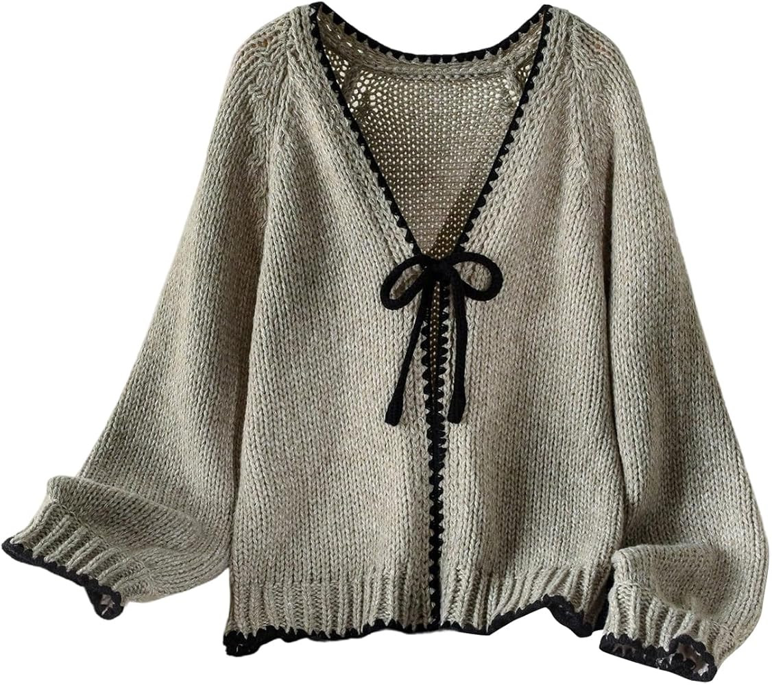 SOLY HUX Women's Plus Size Bow Tie Cardigan Sweaters Long Sleeve V Neck Tops Fall Clothes | Amazon (US)