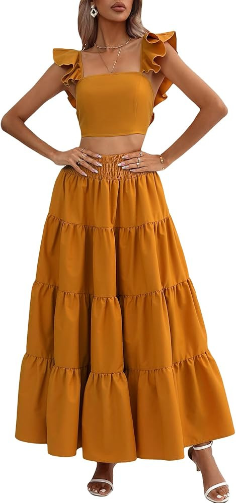 SHENHE Women's 2 Piece Ruffle Trim Square Neck Cami Top and Shirred Maxi Skirt Set | Amazon (US)