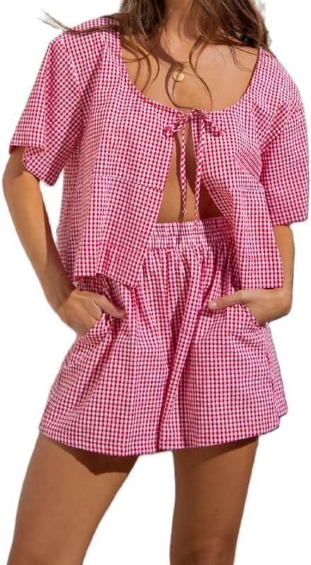 Argeousgor Women's Y2k 2 Piece Pajamas Set Puff Sleeve Peplum Tie Front Top and Shorts Plaid Loun... | Amazon (US)