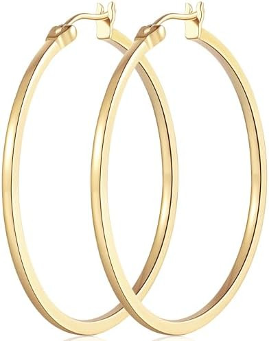 14K Gold Hoop Earrings for Women Large Gold Hoop Earrings Round Square-edge 14K Hoops Earring Wom... | Amazon (US)