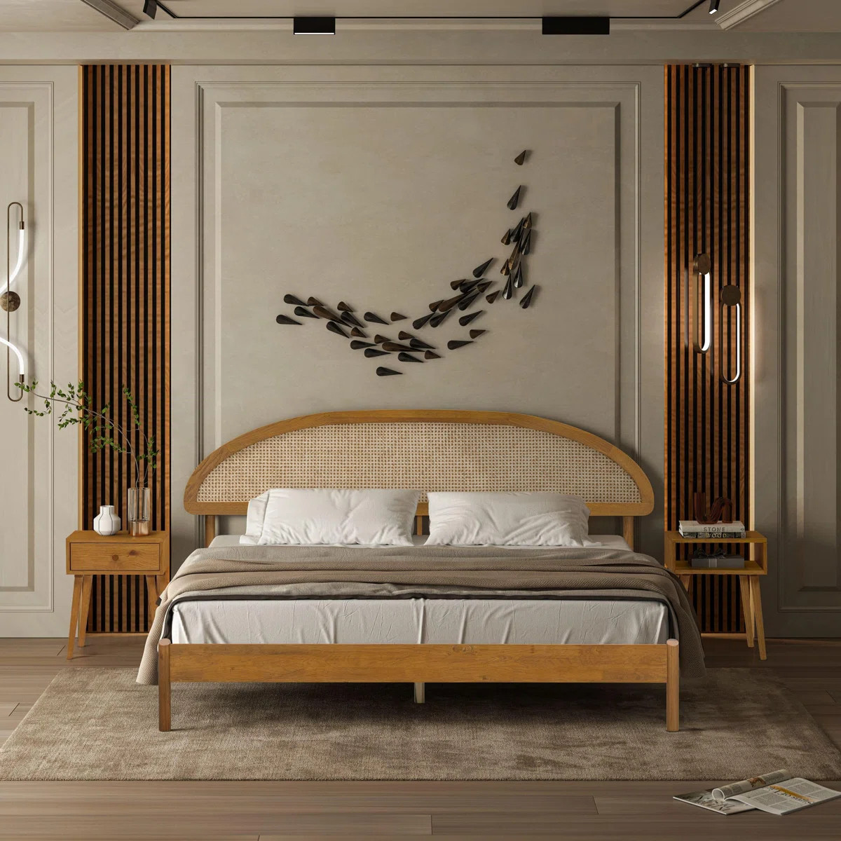 Gem Solid Wooden Bed Frame With Headboard And Natural Rattan, 1000 Lb Capacity | Wayfair North America