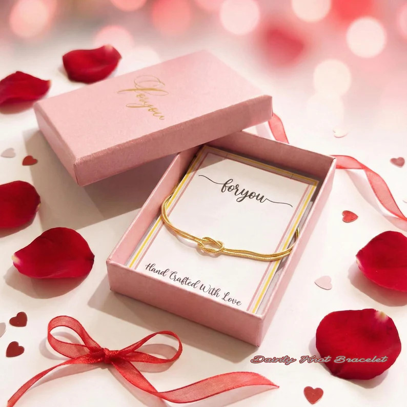 14k Gold Filled Knot Bracelet With Snake Chain, Dainty Gold Bracelet. Valentines Day Gift, Pink B... | Etsy (US)