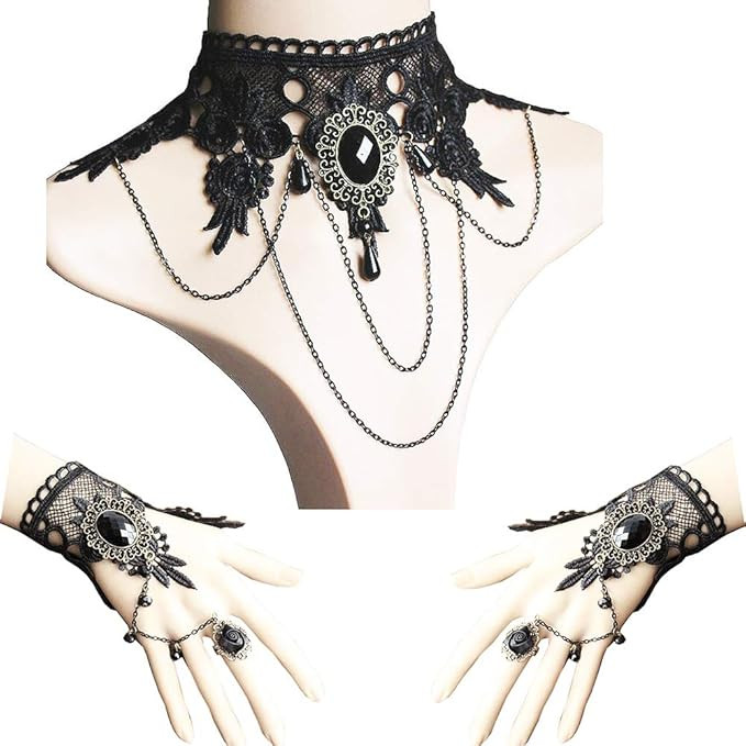 Jurxy Black Choker Lace Necklace with Bracelet Set Punk Party Gothic Vintage Handmade Retro Brace... | Amazon (US)