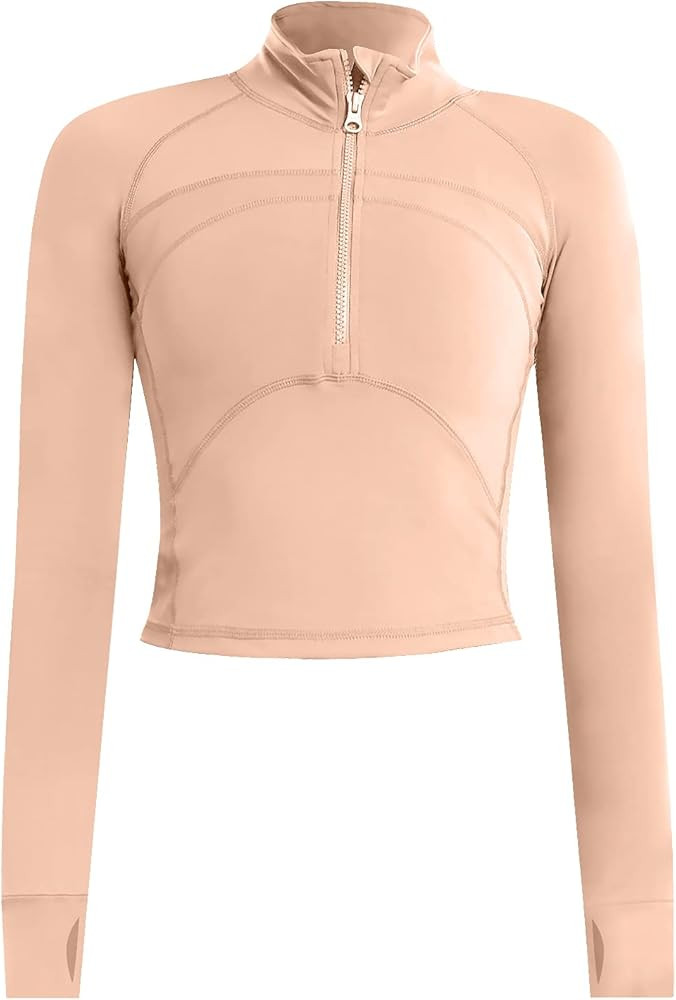 Women's Cropped Workout Jacket 1/2 Zip Pullover Running Athletic Outwear Slim Fit Long Sleeve Yoga T | Amazon (US)