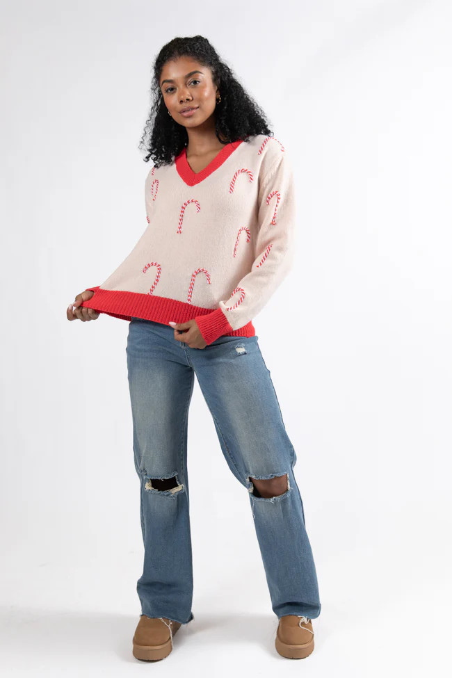Candy Craze Pink and Red Candy Cane Patch V-Neck Sweater Macy Blackwell X Pink Lily | Pink Lily