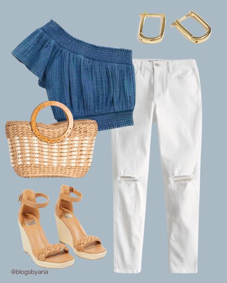 Spring style inspo- one shoulder denim top paired with white denim jeans. Neutral accessorize complete the look. 

#springstyle #springoutfit #outfitideas #outfitinspo #whitejeans #summeroutfit #strawbag #wovenbag #wedgesandals 

#LTKstyletip #LTKSeasonal #LTKsalealert