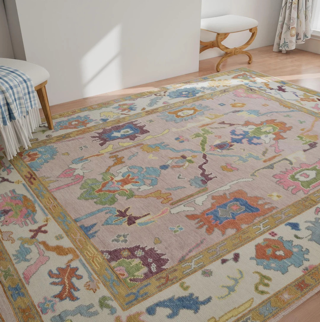 Pink Oushak Rug, Modern Multicolored Area Rug 9x12, Ivory Wool Rug 8x10, Handmade Turkish Rug for... | Etsy (US)