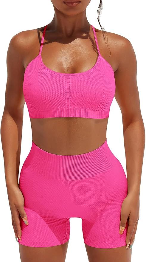 OYS Workout Set for Women 2 Piece Seamless Ribbed Yoga Outfits Active Strappy Bra Gym High Waiste... | Amazon (US)