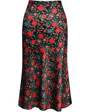 Velinsak Midi Skirts for Women Casual Summer Silk Satin Pencil High Waisted Mid Length Skirt | Amazon (CA)