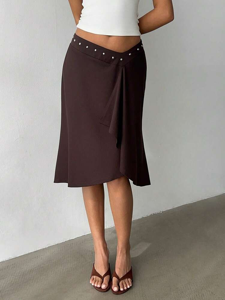 Aloruh Gonna A Tubino Asimmetrica Elegante E Alla Moda Da Donna, A Vita Super Bassa, Con Strisce Diagonali Gialle, Orlo A Balze, Adatta Per Vacanze E Uso Quotidiano | SHEIN