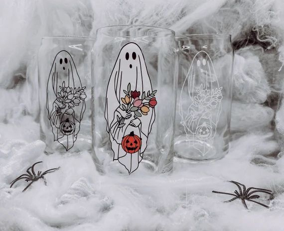 Floral Ghost 16 oz & 20 oz Can Glass | Trick-or-Treat | Spooky Season Iced Coffee Cup | Halloween... | Etsy (US)