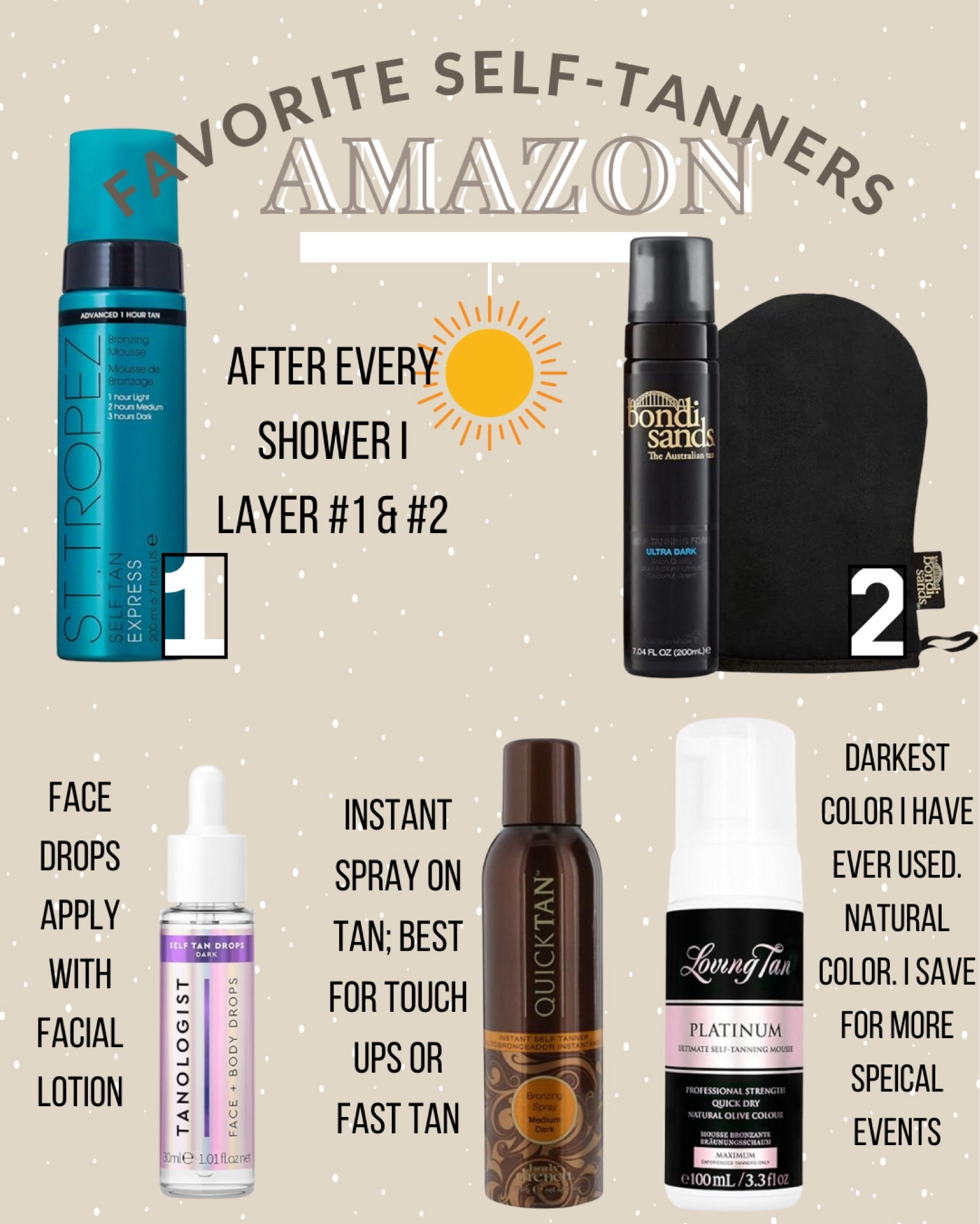The best self tanners in the game! Spray tan, foam tan, and face tan drops. ALL on AMAZON!