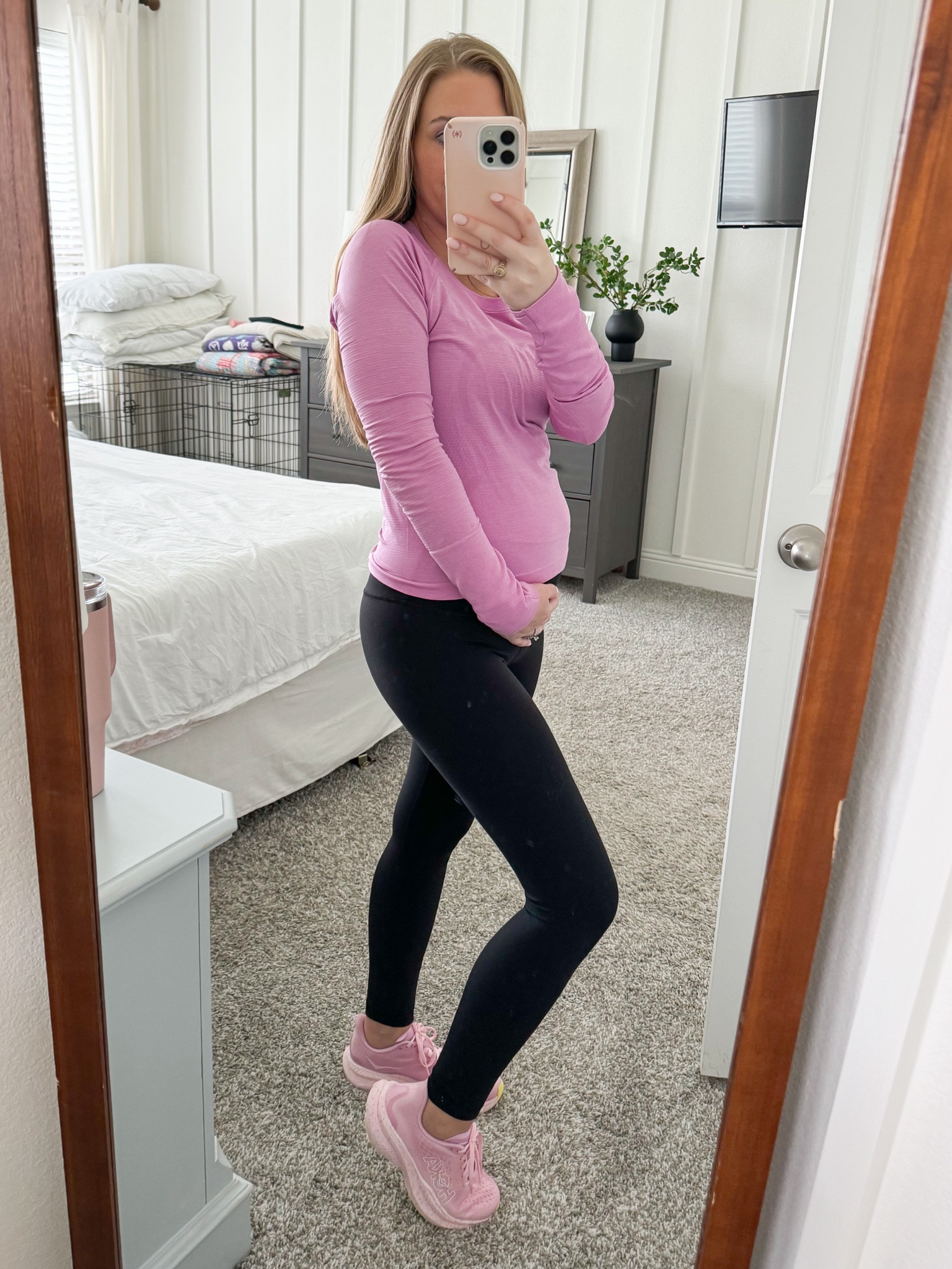 The perfect pink shirt and shoe combo 💖 pink workout clothes / active pregnancy outfit / fit mom / lululemon / pink hoka mach 6 / hokas 

#LTKActive #LTKFitness #LTKBump