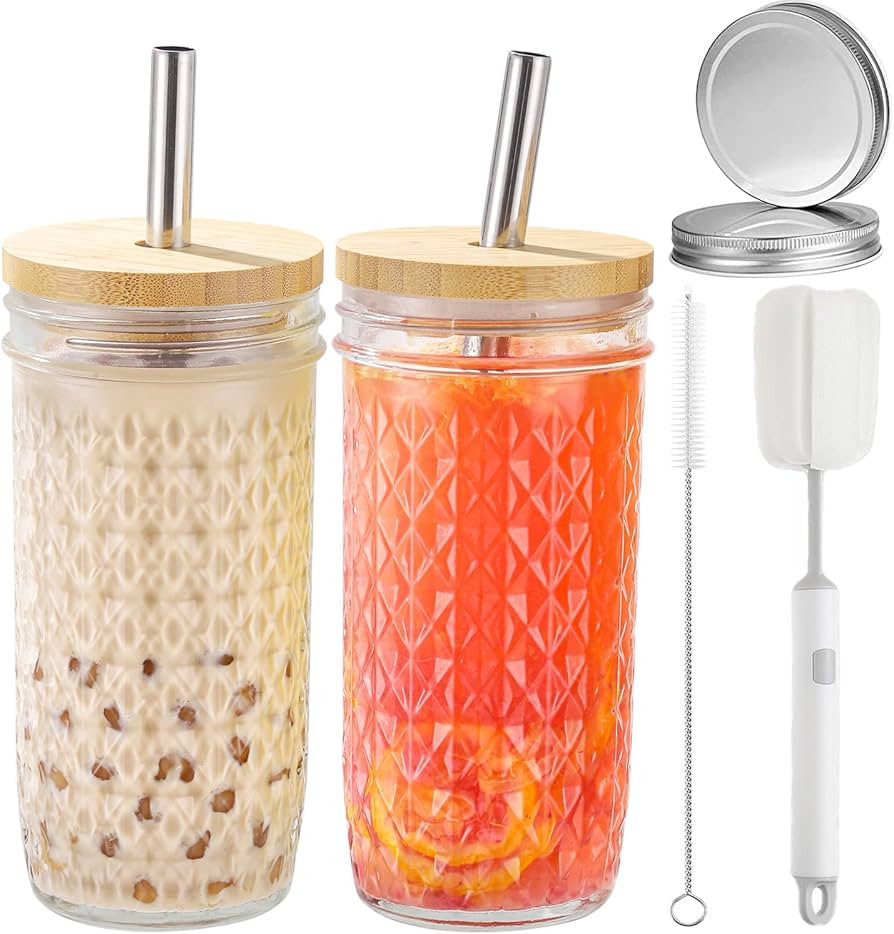 2 Pcs Glass Cups Set - 24oz Mason Jar Drinking Glasses with Bamboo Lids & Straws & 2 Airtight Lid... | Amazon (US)