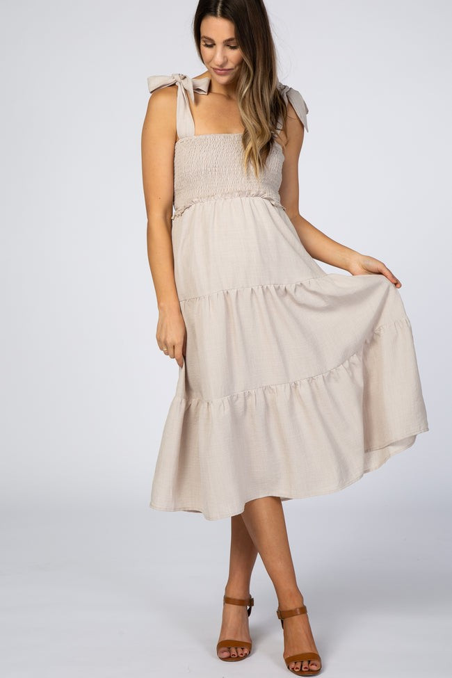 Beige Bow Strap Tiered Maternity Midi Dress | PinkBlush Maternity