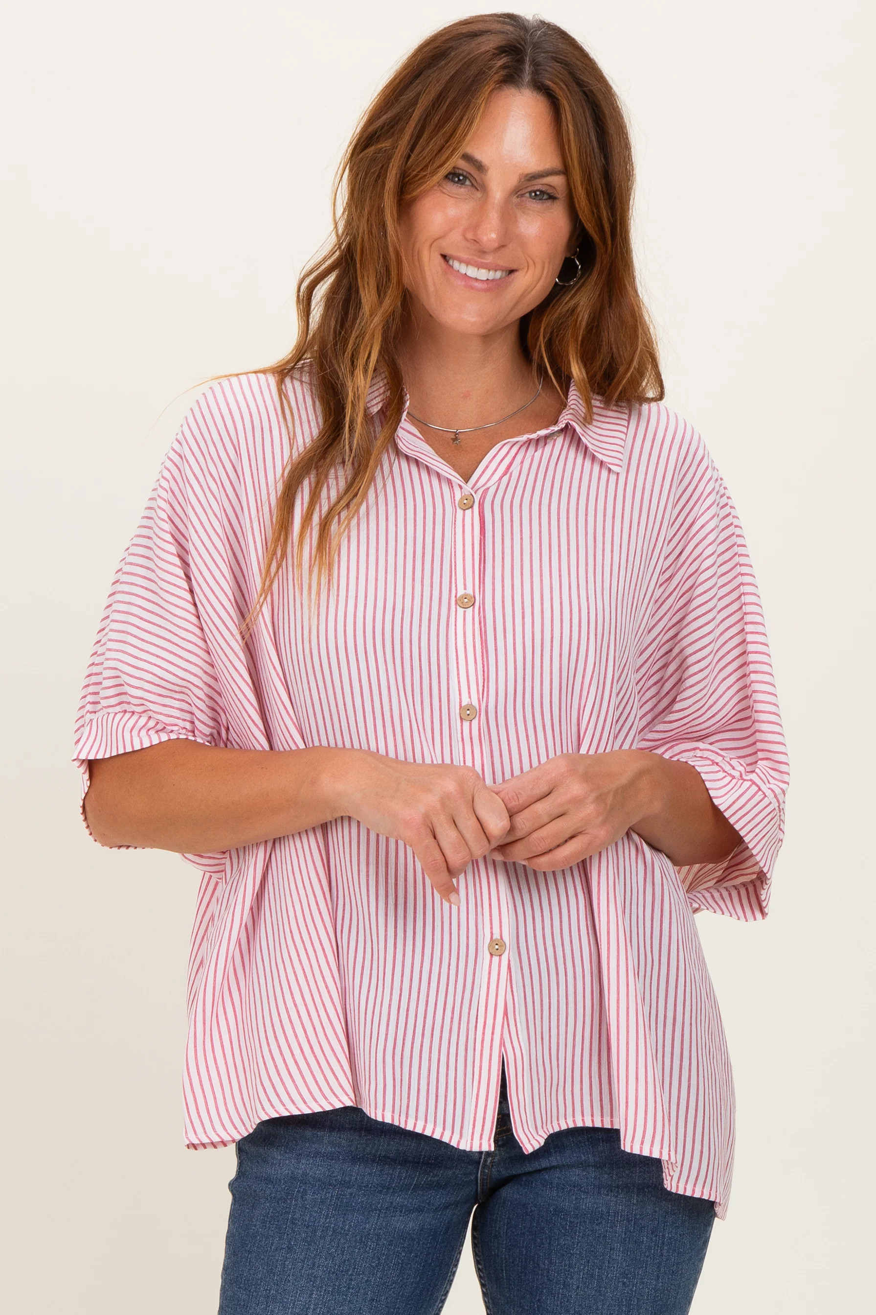 Red Striped Boxy Button Down Top - Small/Medium | PinkBlush Maternity