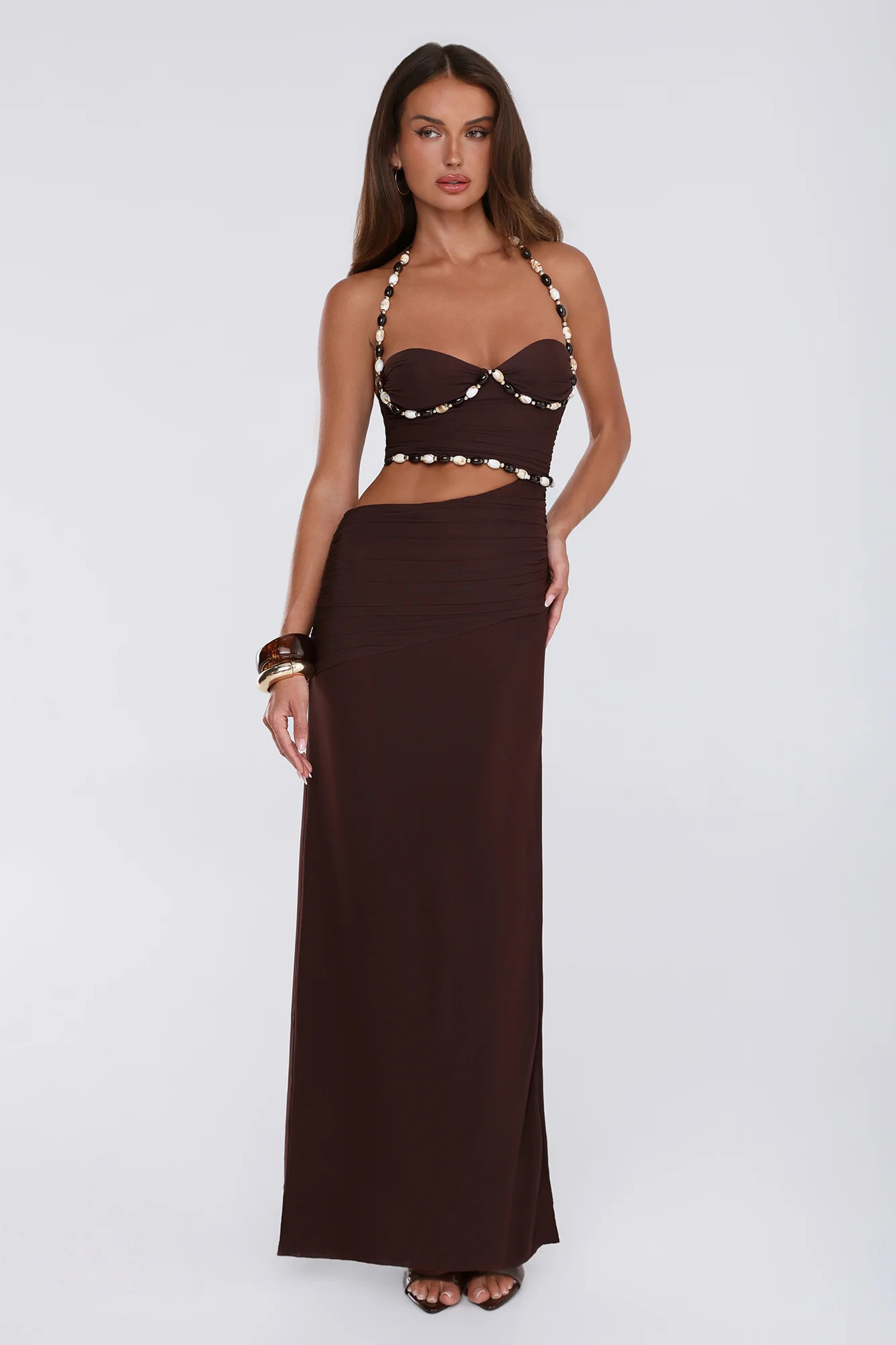 Shell Kissed Mesh Halter Maxi Dress Brown | Hello Molly (US)