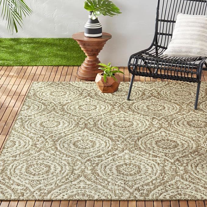 Nicole Miller New York Patio Country Zoe Moroccan Damask Indoor/Outdoor Area Rug, Taupe/Ivory, 7'... | Amazon (US)