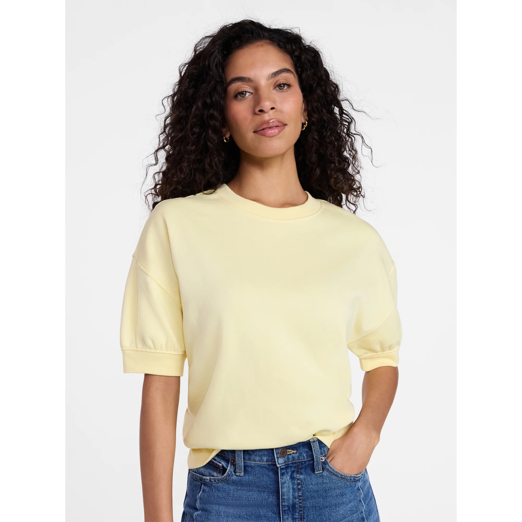 Time and Tru Women's Fleece Sweatshirt with Short Puff Sleeves, Sizes XS-4X | Walmart (US)