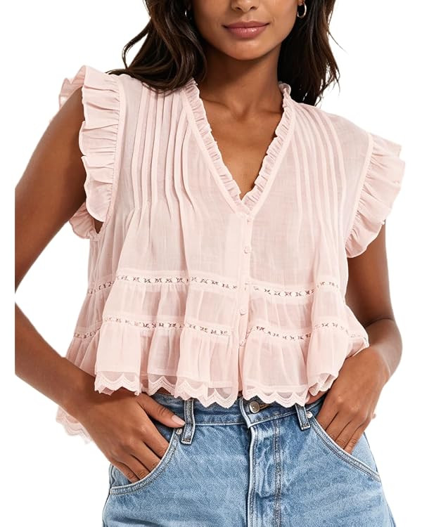 Women's Ruffle V Neck Babydoll Tank Top, Semi Sheer Lace Flowy Peplum Top, Boho Eyelet Button Dow... | Amazon (US)