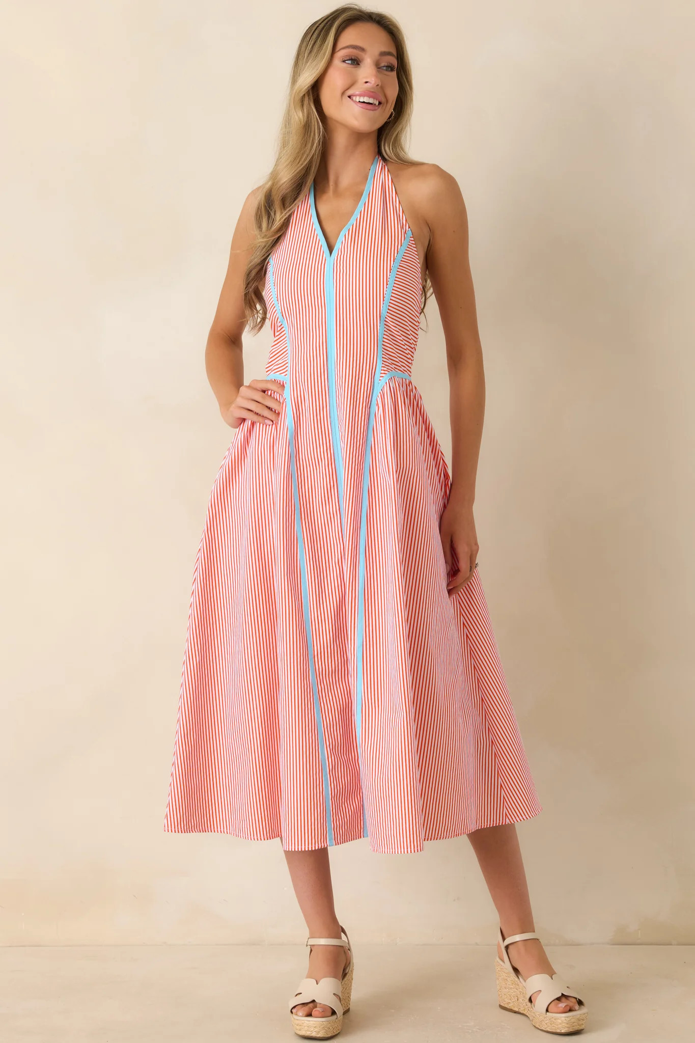 Poolside Poetry Poppy Red Stripe Contrast Halter Midi Dress | Red Dress