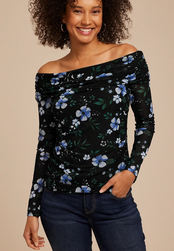 Floral Mesh Off Shoulder Long Sleeve Top | Maurices